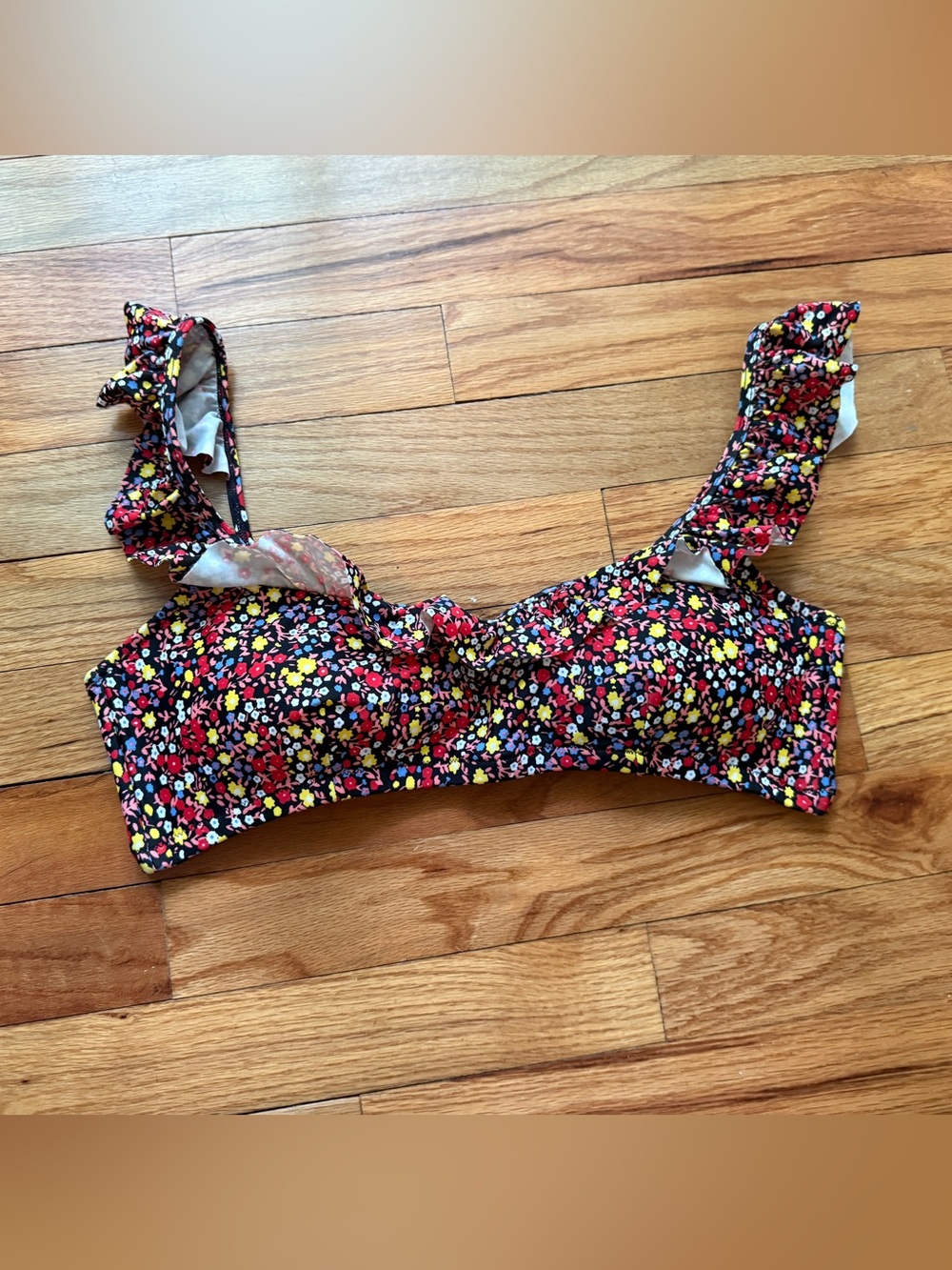 J. Crew Floral Bikini Top in Black with Red, Yellow & Pink Accents